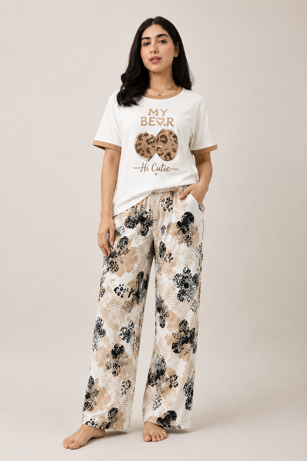 Women's My Bear Floral Night Suit – White Graphic T-Shirt & Cream Floral Pajama Set