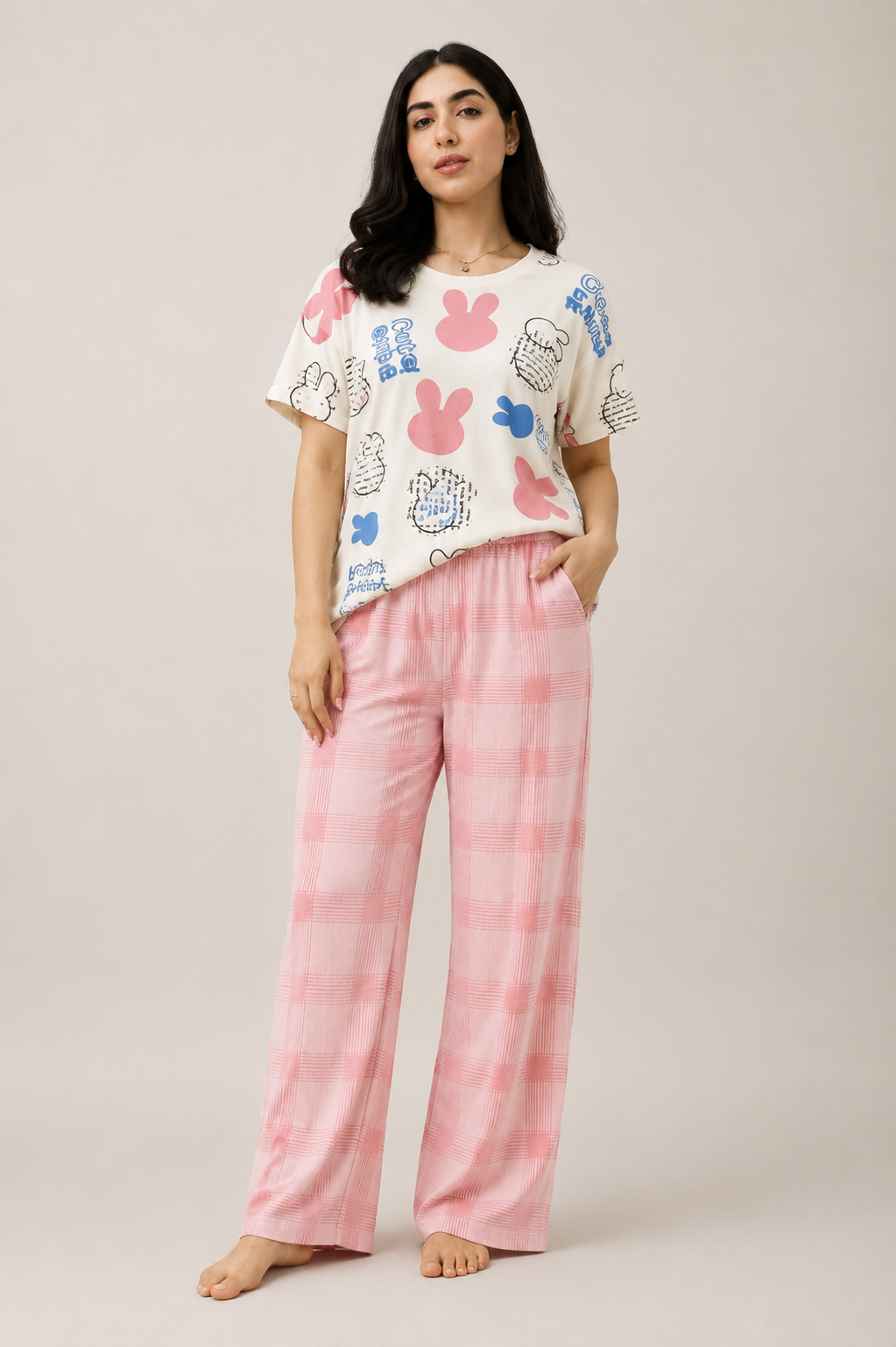 Women's Cute Cartoon Print Night Suit – Cream Graphic T-Shirt & Pink Checkered Pajama Set