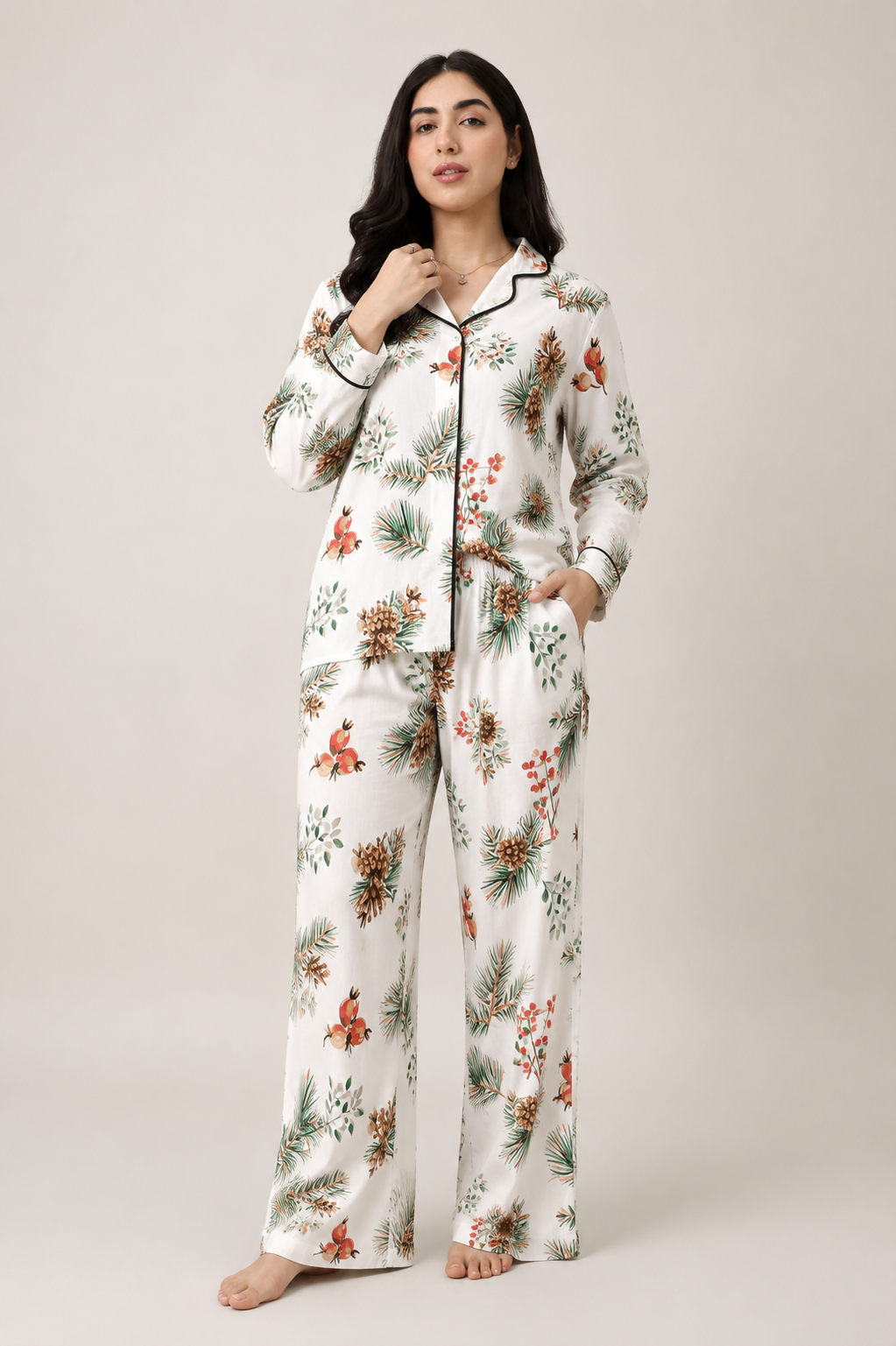 Women's Floral Button-Up Night Suit – Long Sleeve Shirt & Matching Pajama Set