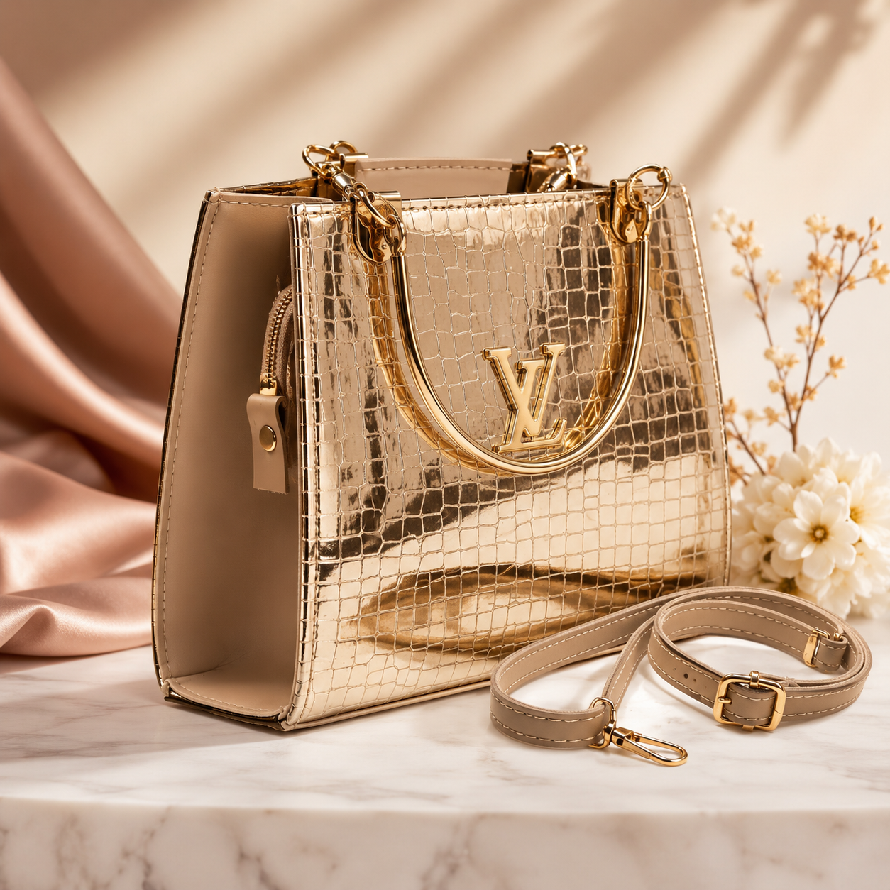 Luxury White Crocodile Texture Handbag with Gold Chain Handle