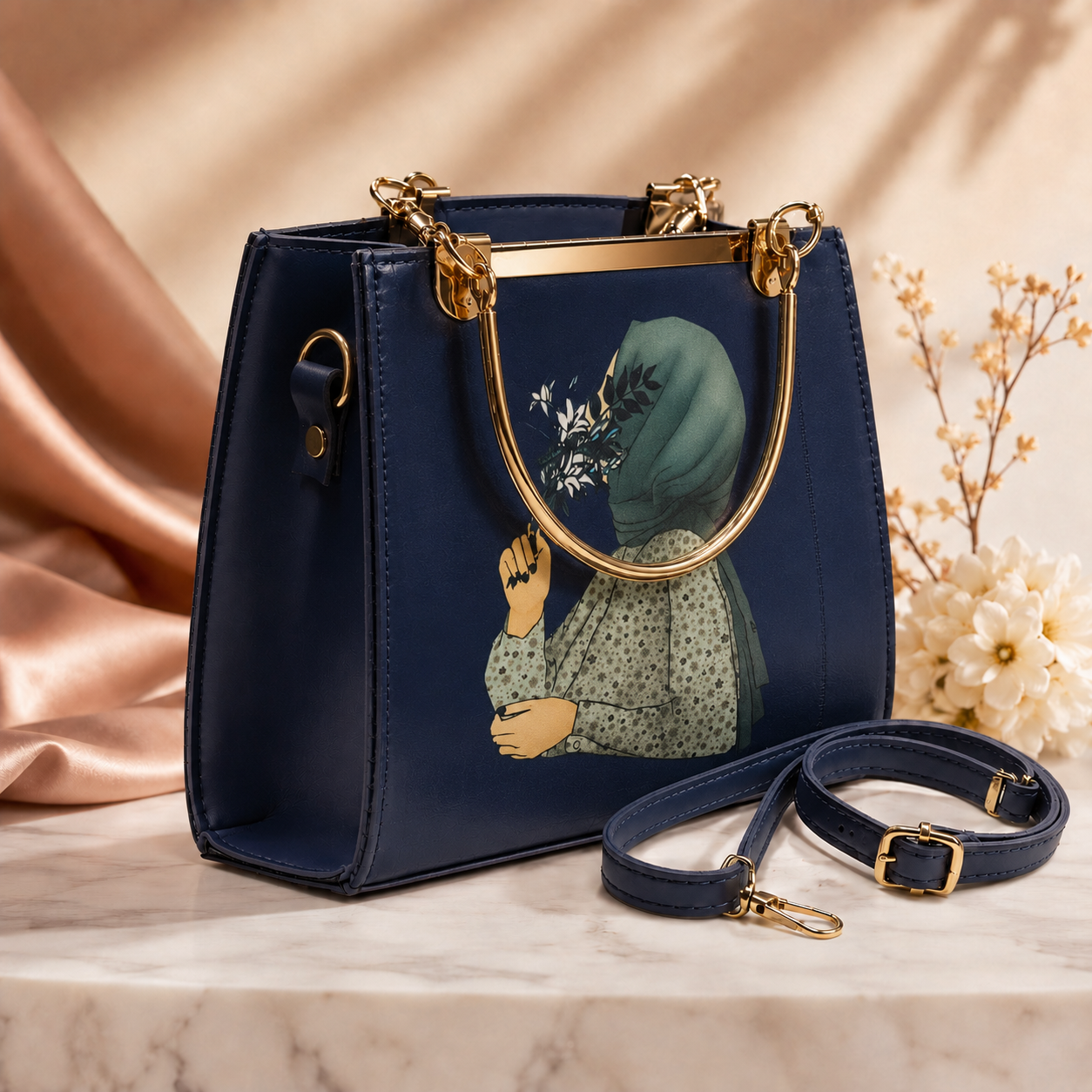 Premium Printed Handbag with Gold Handle & Detachable Shoulder Strap