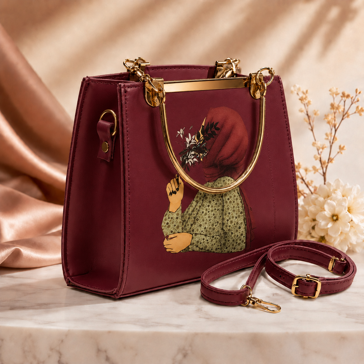 Premium Printed Handbag with Gold Handle & Detachable Shoulder Strap